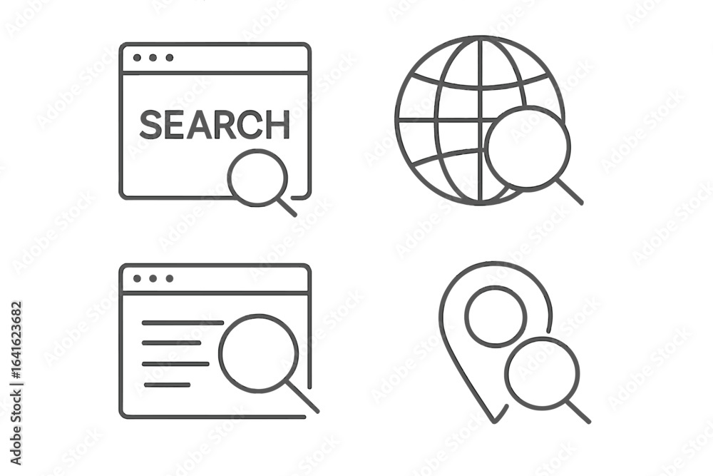 Aufkleber search icon set. web browser, global internet search, find data information, location pin with magni