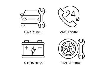 Auto service and car repair line icon set. Conceptual vector icons for garage, maintenance workshop. Features 24-hour support, battery replacement, tire fitting symbols.