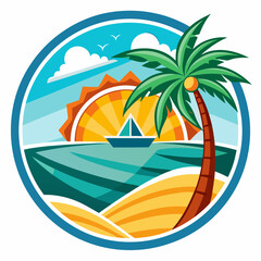 Vector art of circular emblem featuring a tropical beach with a lone palm tree, gentle waves, a sailboat on the ocean, and a radiant sun setting or rising