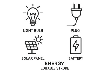 Energy Concept Icons Set. Solar panel, light bulb, battery, plug line art vector. Renewable energy, electricity, power generation, eco technology. Editable stroke for web, apps, graphics.