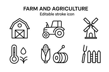 Farm and agriculture line icon set with editable stroke. Outline pictograms of barn, tractor, windmill, corn, hay, harvest, and rural farming for web and apps.