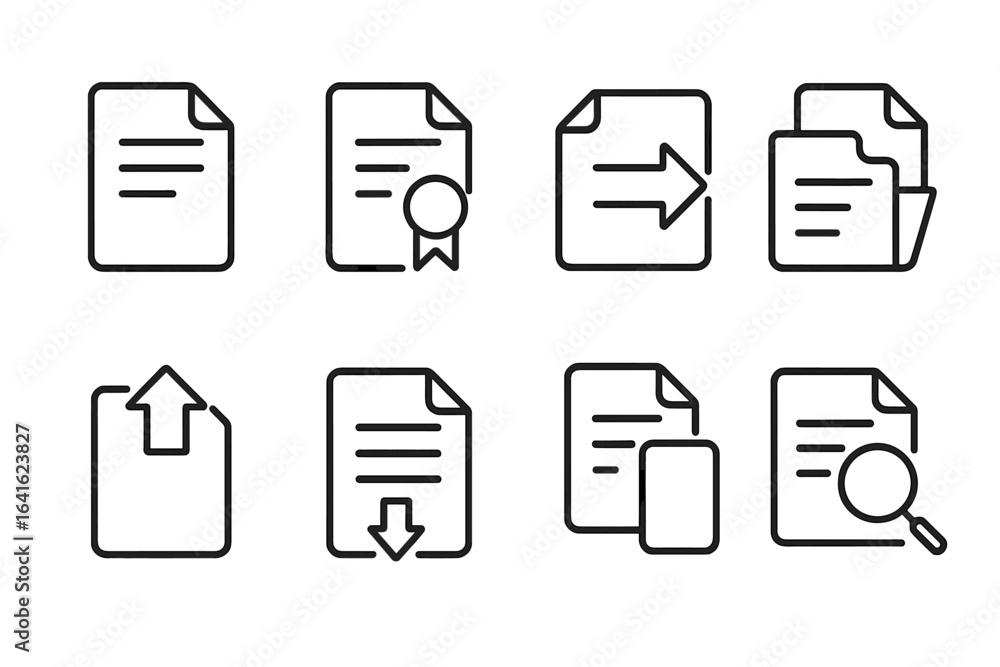 Aufkleber set of document and file management line icons. vector symbols for web and mobile apps. includes cer