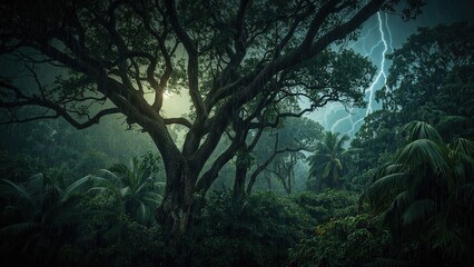 Intense rainfall in a lush jungle