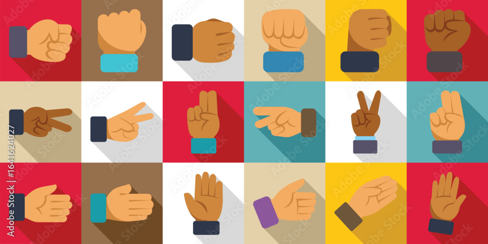 Poster rock paper scissors icons set. set of hands making different signs such as rock, paper, scissors and