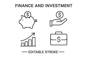 Finance and investment linear icons set. Piggy bank, savings, money. Hand with coin, income, cash. Growth chart, profit, success. Business portfolio. Editable stroke.
