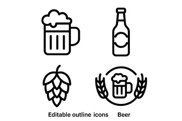 Beer concept icons set. Editable vector outline icons of beer mug, bottle, hops, wheat, brewing, bar, alcohol, craft beer, pub, brewery, festival, drink ingredients. Linear style design.