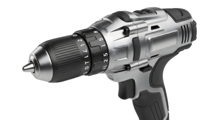 Modern cordless electric power drill with metal and plastic body, isolated on transparent background