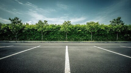 Empty Parking Lot Spaces with Green Foliage Backdrop Under a Cloudy Sky - Commercial Use