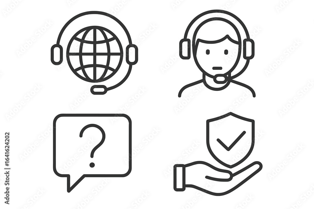 Poster customer support and online help center icons. vector set with call center agent, globe with headset