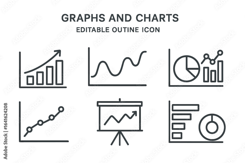 Poster set of conceptual graph and chart icons, vector line art for websites, applications, and graphic res