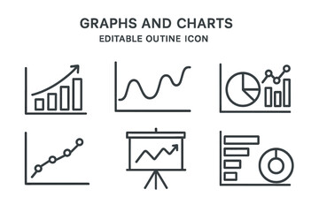 Set of conceptual graph and chart icons, vector line art for websites, applications, and graphic resources, editable outline symbols, data visualization elements collection