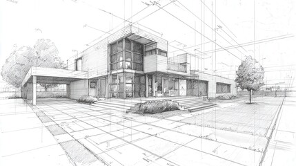 Architectural sketch featuring a modern house design with precise measurements, detailed facade, landscaping, and a covered parking area for project visualization