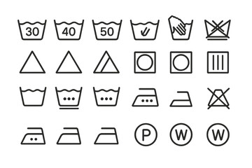 Laundry Care Symbols Vector Set. Washing, Drying, Bleaching, Ironing, Textile Label Icons. Linear Design for Clothing Instructions. Apparel Cleaning Guidelines. International Fabric Care Markings.