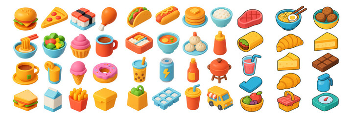 Delicious isometric food icons for restaurant menus and app interfaces. Generative AI