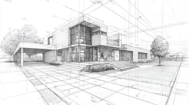 Architectural sketch featuring a modern house design with precise measurements, detailed facade, landscaping, and a covered parking area for project visualization