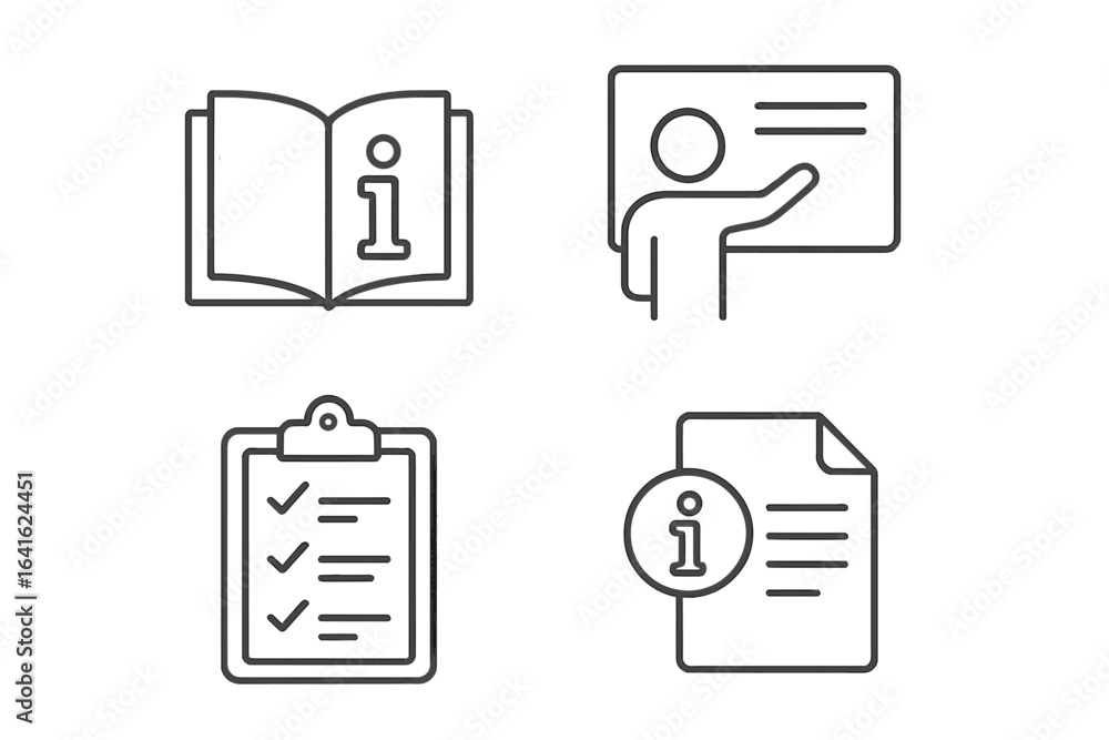 Poster information and instruction vector icon set. thin line style symbols for user manual, guide, present