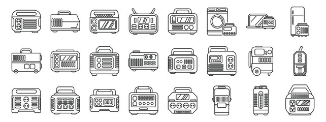 Portable home battery icons set. Portable power stations are supplying power to various devices, offering a reliable backup energy solution for emergencies and outdoor activities