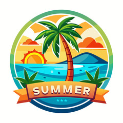 Fototapeta premium Vector art of colorful summer emblem showcasing a single palm tree on a tropical beach with the sun setting over the ocean, featuring a banner with the word summer, perfect for holiday promotions