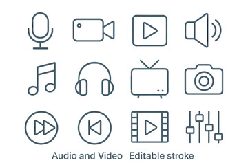 Audio and video media icons set. Linear stroke vector symbols for web, app, UI, multimedia player, streaming interface, sound, music, broadcast, TV, camera, headphones, controls, graphic resources.