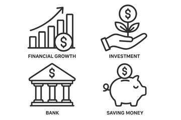 Financial growth, investment, banking, saving money icons set. Vector illustration of business finance concept with chart, piggy bank, bank building, plant and hand, flat linear design for web, apps