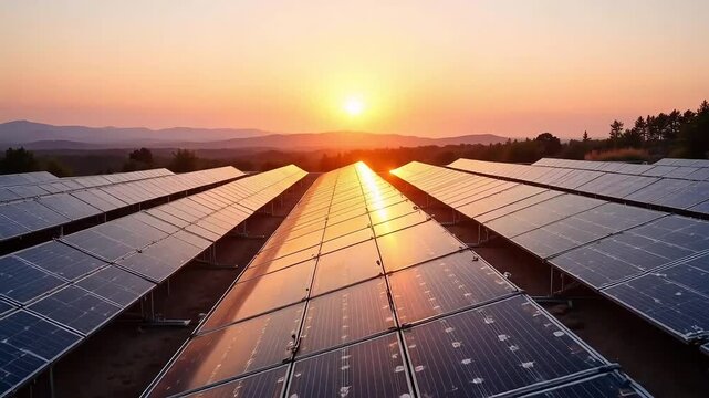 Golden sunset illuminates vast solar panel array, symbolizing renewable energy and a brighter future.