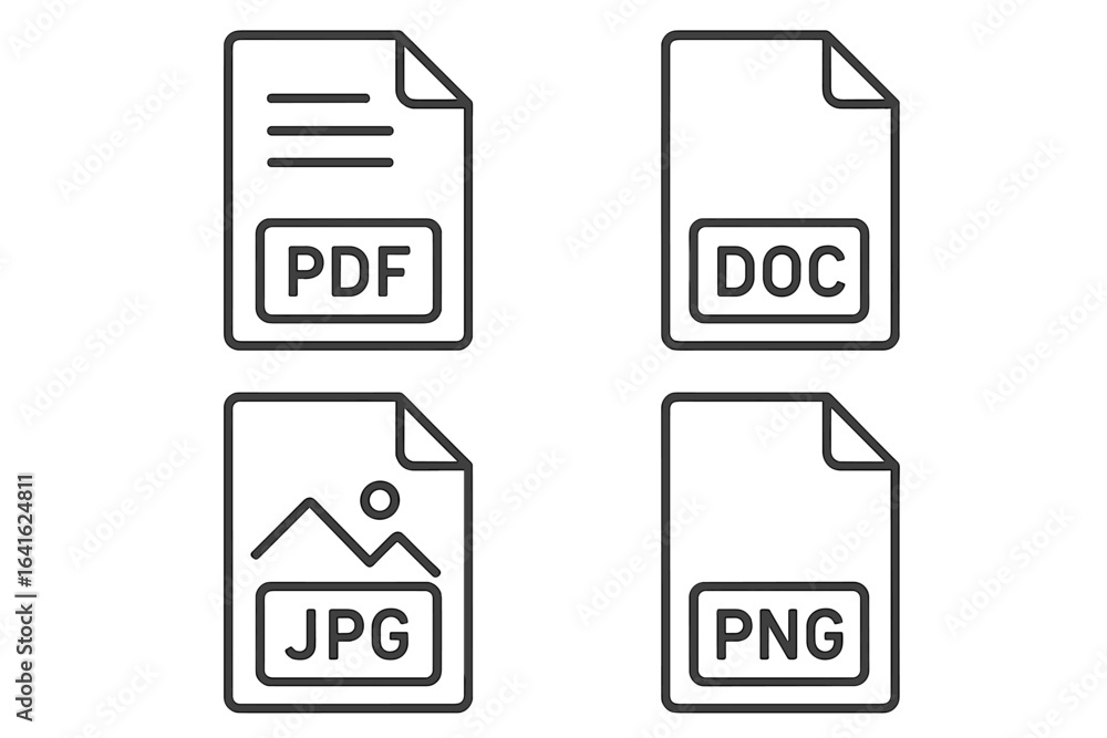 Poster file format line icons set. pdf, doc, jpg, png document and image file type symbols. vector graphic 