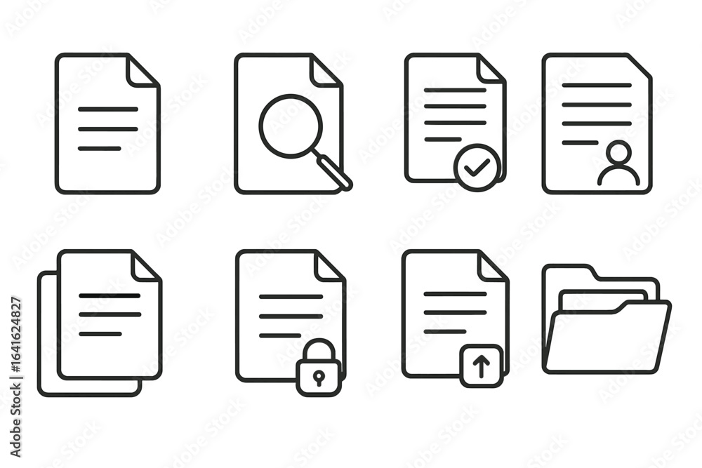 Poster document management thin line icon set. file searching, approved document, user data, copy files, da