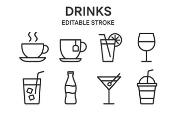 Drink and beverage line icon set. Simple outline symbols for cafe, bar, restaurant menu. Includes coffee, tea, juice, cocktail, wine, soda vector signs. Editable stroke.