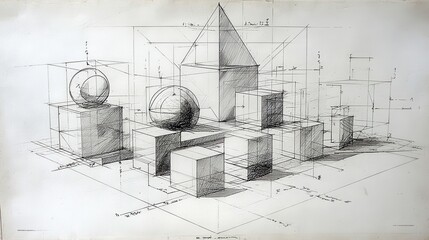 Technical drawing showcasing geometric shapescubes, spheres, pyramiddemonstrating perspective principles through precise measurements and detailed annotations