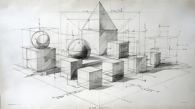 Technical drawing showcasing geometric shapescubes, spheres, pyramiddemonstrating perspective principles through precise measurements and detailed annotations