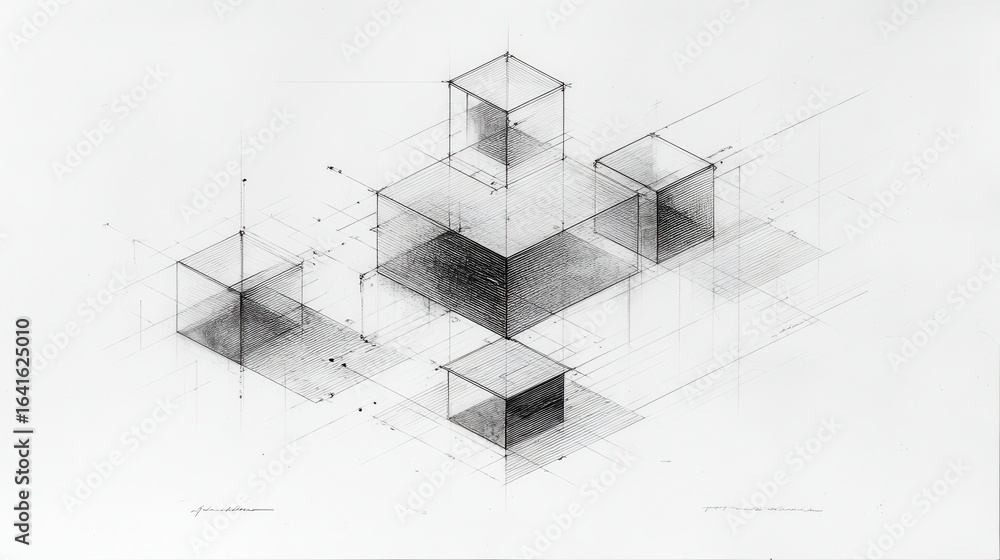 Poster hand drawn sketch showcasing interconnected cubes within a gridded framework, creating a sense of de