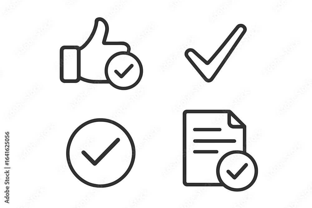 Poster approval checkmark icons vector set. line style thumbs up, document, and circle with tick symbols re