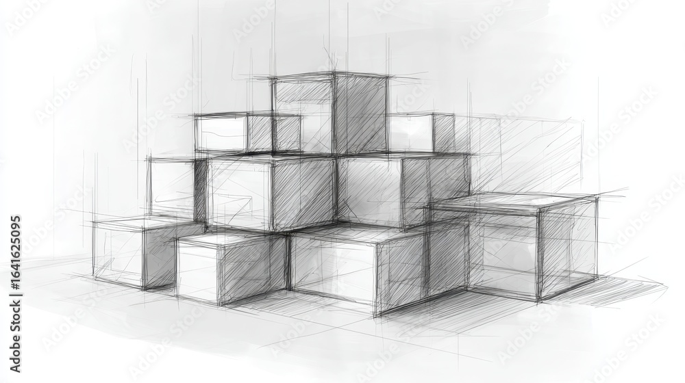 Poster pencil drawing depicts a collection of stacked cubes, forming an abstract architectural structure wi