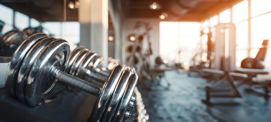 The collection of heavy dumbbells in a bright modern gym environment.