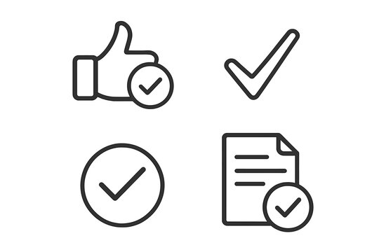 Approval checkmark icons vector set. Line style thumbs up, document, and circle with tick symbols representing valid, verified, accepted, quality control, approval and confirmation actions.