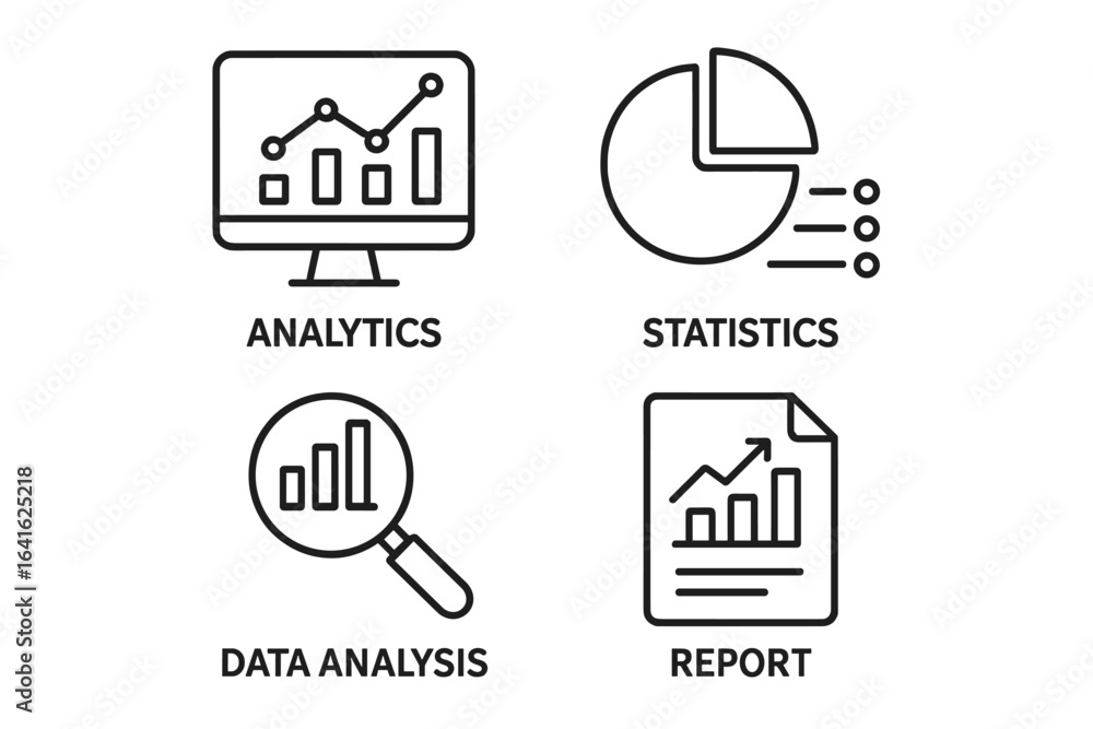 Poster data analysis and statistics thin line icon set. business analytics, financial report, marketing res