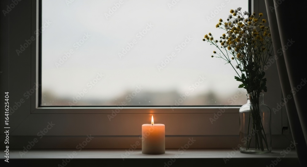 Poster a lit candle sits on a windowsill next to a vase of flowers. the background shows a cloudy sky, crea