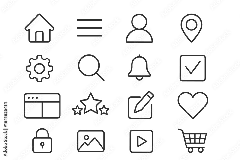 Poster set of linear style line icons for user interface and user experience design, conceptual pictograms 