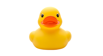 Yellow rubber duck toy with an orange beak, isolated on transparent background