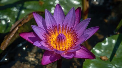 High-detail photos of yellow stamens on purple lotus flowers flourishing in natural rainy season illumination within tropical swampy freshwater areas.