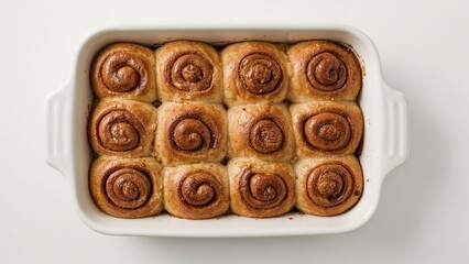 Warm cinnamon rolls fresh from the oven in a baking dish