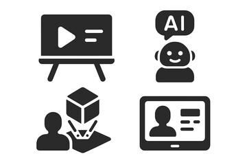 Future classroom education icons. Smartboard digital learning, artificial intelligence AI tutor, virtual reality hologram lesson, smart ID e-learning device. Modern technology classroom tools set.