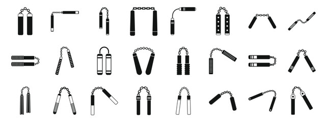 Nunchaku icons set. Collection of nunchaku icons in various styles, showcasing different designs of this traditional martial arts weapon