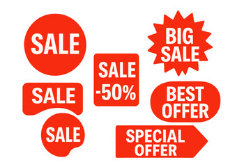 Set of red promotional advertising stickers with various shapes, sale and discount tags for shops and markets, vector elements on transparent background, marketing design elements