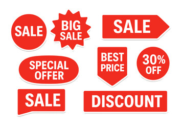 Set of vibrant red promotional advertising stickers and sale discount tags in various shapes for shops, markets, and retail marketing, vector illustration elements on transparent background