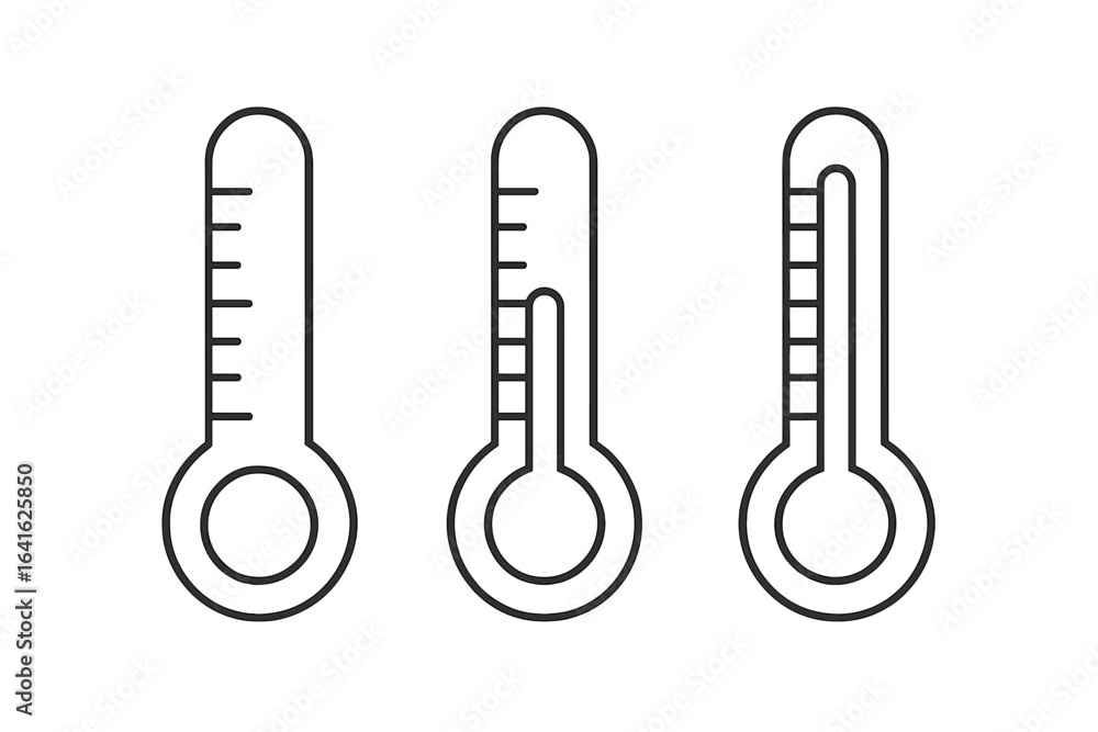 Poster set of thermometers icon. flat linear vector symbols of temperature measurement. low, medium, and hi