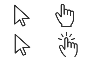 Obraz premium Computer mouse cursor icon set. Arrow and hand pointer symbols collection. Click gesture for web design. UI and UX interface line art elements. Vector pixel perfect icon.