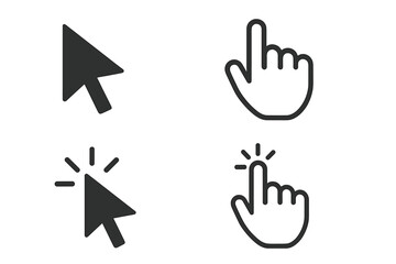 Cursor icon set. Computer mouse pointer arrow and hand clicking. Click button symbol collection. Web interface design element. Flat vector graphic for UI and UX design.