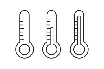 Set of thermometers icon. Flat linear vector symbols of temperature measurement. Low, medium, and high temperature level scale. Weather and climate forecast concept.