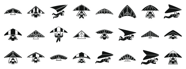 Hang gliding icons set. Set of hang gliding icons representing pilots flying in different positions, showcasing the dynamics of this extreme sport